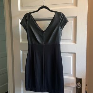 Black, faux leather, v neck, mini dress